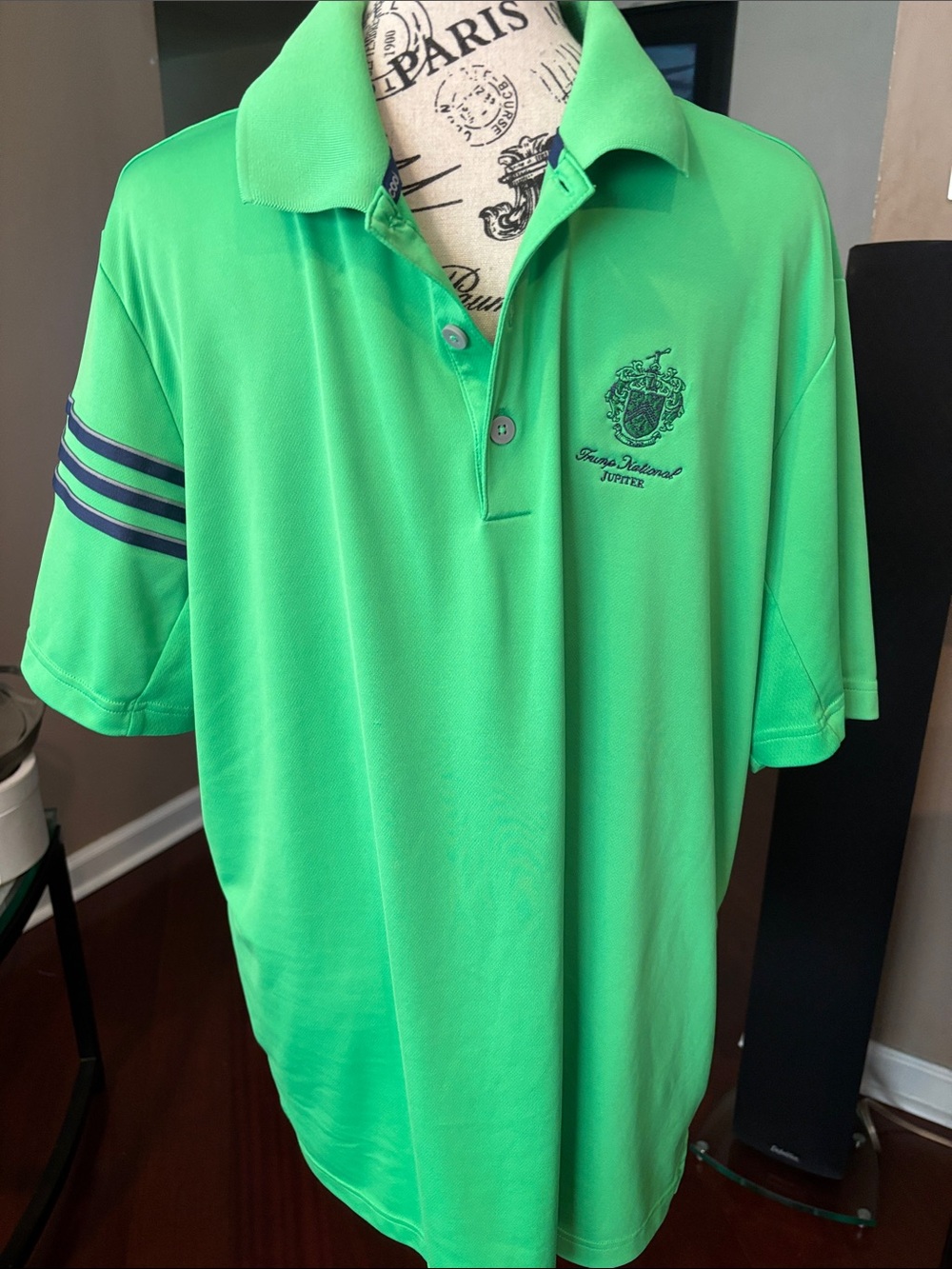 Adidas trump national Jupiter Men's Green golf Polo Shirt with Striped Sleeve